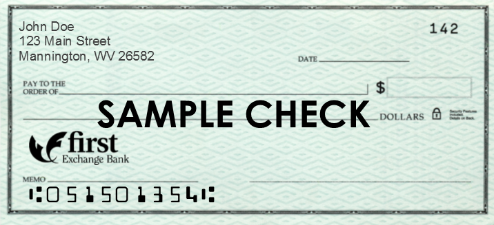 First Exchange Bank Sample Check image showing the bank routing number