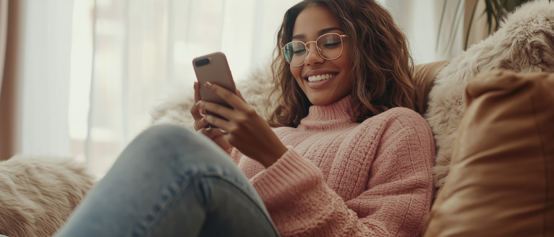 Woman sitting on couch using her smartphone to open a bank account online. Time to switch.